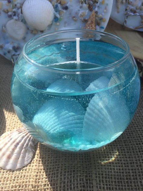 Sea Candle Ideas, Beach Candles Diy, Candles Gel, Candle Gel, Sea Shell Candles, Shells Display, Jelly Candle, Beach Candles, Beach Theme Candles