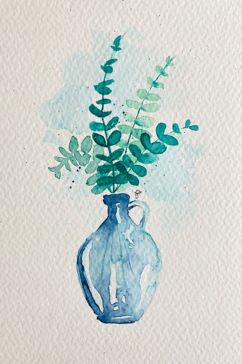 Vase Of Flowers Watercolor, Potted Plant Watercolor, Flower Pot Watercolor, Flower Vase Watercolor, Watercolor Vases, Watercolor Vase, Watercolor Objects, Minimal Watercolor, Happy Jar