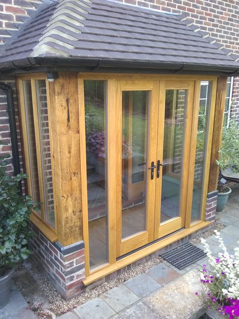 Glass Porch Ideas Entrance, Enclosed Front Porch Ideas Entrance, Front Door Portico, Door Portico, Portico Designs, Bungalow Porch, Enclosed Front Porches, Oak Porch, Porch Extension