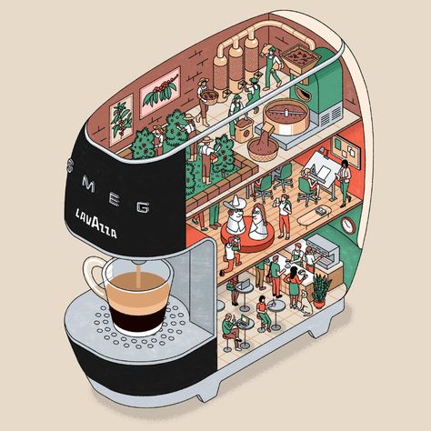 Lavazza a Modo Mio SMEG on Behance Coffee Illustration, Isometric Art, Isometric Design, Isometric Illustration, Pop Art Wallpaper, Korean Art, All Pokemon, Creative Work, Graphic Illustration