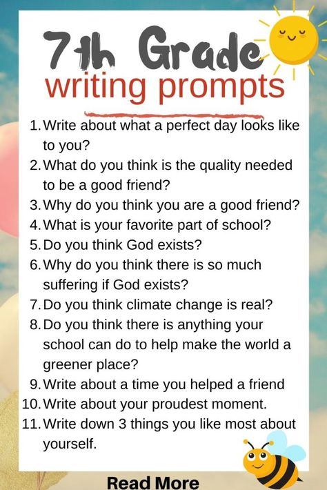 65 creative and fun 7th grade writing prompts - Kids n Clicks 7th Grade Writing Prompts, 7th Grade Writing, 7th Grade Tips, Creative Writing Topics, Middle School Writing Prompts, 6th Grade Writing, Creative Writing Worksheets, Cue Card, Weather Worksheets