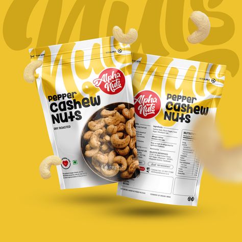 Alpha Nuts Cashew pouch design - 6/8/2020 Nuts Design Ideas, Cashew Pouch Design, Pouch Label Design, Cashew Nut Packaging Design, Nuts Packaging Design Creative, Snack Label Design, Cashew Packaging Design, Nuts Packaging Ideas, Cashew Nuts Packaging