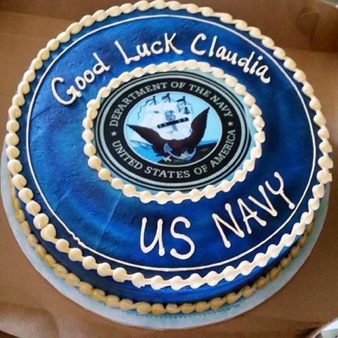 This was a Navy  cake we had made for our daughters going away party Navy Farewell Party Ideas, Us Navy Party, Navy Party Themes, Military Send Off Party Ideas, Navy Party Decorations, Deployment Party, Navy Cakes, Navy Training, Navy Party