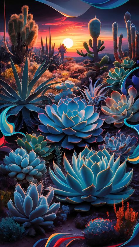 Immerse yourself in 'Desert Dreams', a stunning art piece that showcases a diverse array of succulent plants amid a glowing sunset. With bold colors and dynamic brushstrokes, this work blends abstract expressionism and Art Nouveau-inspired patterns. Celebrate the beauty and resilience of desert flora in a surreal, impressionistic fusion that enchants and inspires. #SucculentArt #DesertLandscape #AbstractExpressionism #ArtNouveau #VibrantColors Art Nouveau Plants, Garden Wallpaper Iphone, Trippy Garden, Succulent Art, Desert Dream, Garden Wallpaper, Shimmer Lights, Succulent Plants, Desert Landscaping