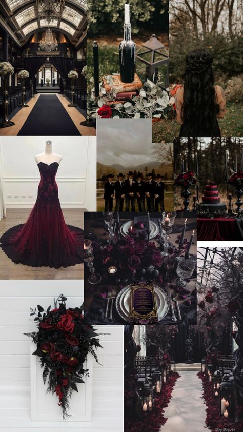 Fall Spooky Wedding Ideas, Gomez And Morticia Wedding, Tvd Wedding Theme, Romantic Goth Wedding Decor, Gothic Wedding Ideas Victorian, Goth Halloween Wedding, Gothic Vampire Wedding, Black And Wine Red Wedding, Gothic Wedding Themes Victorian