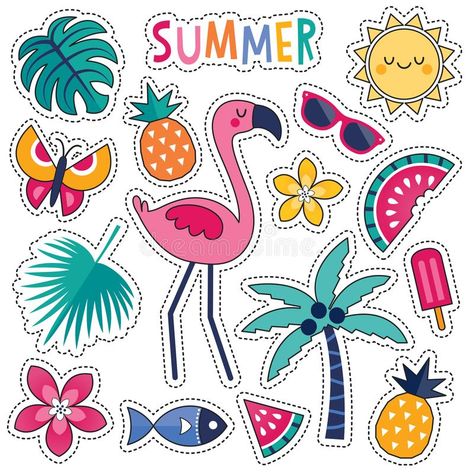 Set of colorful tropical summer patches with pink flamingo. Illustration about leaf, embroidery, badge, lolly, cute, banana, hawaii, element, isolated, flowers, cool - 120076090 Pink Tropical Flowers, Tropical Leaves And Flowers, Easter Embroidery Patterns, Summer Stickers, Baby Scrapbook Album, Flamingo Tropical, Homemade Stickers, Unicorn Wallpaper, Surf Design