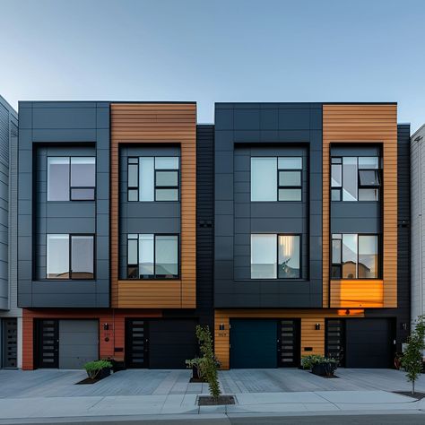 These modern townhouses feature sleek dark façades accented by warm wood panels. Expansive geometric windows ensure bright interiors, while private ground-floor garages and small landscaped front areas add practicality and charm. The clean lines and high-quality materials create a sophisticated urban living environment. Perfect for city dwellers seeking stylish, minimalist homes that blend elegance and functionality. Modern Terrace House Exterior, Apartment Exterior Color Schemes, Modern Townhouse Facade, Townhouses Architecture, Modern Townhouse Designs, Modern Townhouse Exterior, Modern Townhouse Interior, Modern Terrace House, Townhouse Architecture