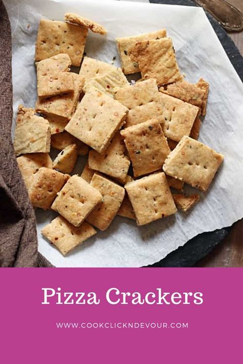 Whole wheat pizza crackers- Looking for perfect holiday snack you can whip up in no time? Give this super crispy, flavorful and addictive crackers with pizza seasoning a try! I am sure you will be coming back for more, that's what we did. I had to bake these crackers three times in row as we could not get enough of it :) Here is how to make addictive pizza crackers at home. Recipe via cookclickndevour.com #pizzacrackers #crackersrecipes #wholewheat #baking #cookclickndevour Flavored Crackers, Pizza Crackers, Cracker Flavors, Pizza Seasoning, Best Vegetable Recipes, Vegetable Casserole Recipes, Holiday Snack, Wheat Pizza, Tiffin Recipe