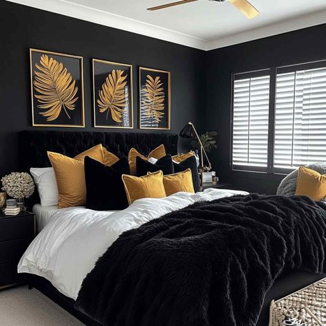 20 Inspiring Black Bedroom Ideas for a Sophisticated Look Bedroom Ideas Animal Print, Black White And Gold Room Ideas, Cozy Black And White Bedroom, White And Gold Room Ideas, Black Wall Bedroom Decor, Black Gold And White Bedroom, Black And White Bedroom Ideas Cozy, Black And Yellow Bedroom Ideas, Black And Gold Bed