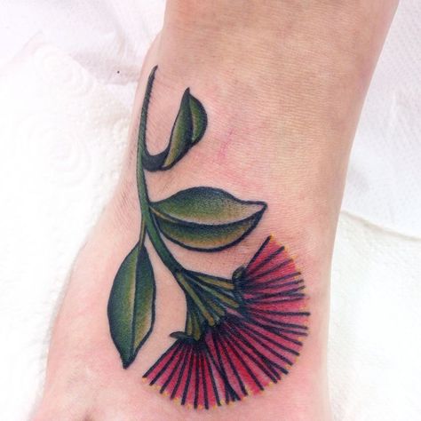 Pohutukawa Tattoo, Pohutukawa Flower, Gap Filler Tattoo, Thistle Tattoo, Ankle Tattoo Designs, Botanical Tattoo, Baby Tattoos, Foot Tattoo, Flower Tattoo Designs