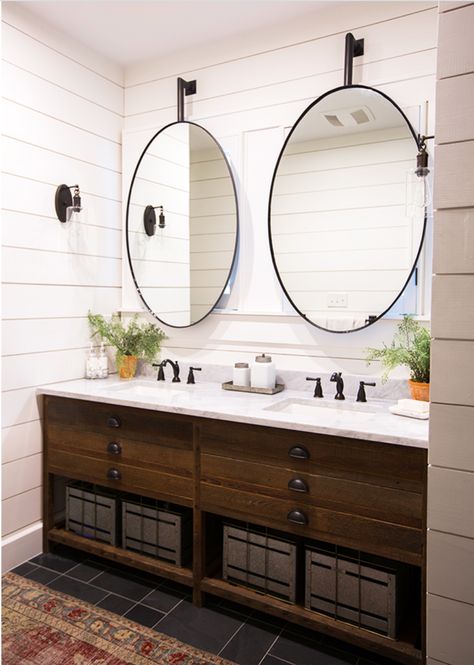 Double Vanity Bathroom Mirrors: Ideas and Inspiration | Hunker Farmhouse Vanity Mirror Round, Bathroom Ideas With Round Mirrors, Two Round Mirrors In Bathroom, Two Sinks One Mirror, Oval Bathroom Mirrors Double Vanity, Double Vanity With Round Mirrors, Oval Mirrors Over Double Vanity, How To Decorate Double Sink Vanity, Double Vanity Round Mirrors