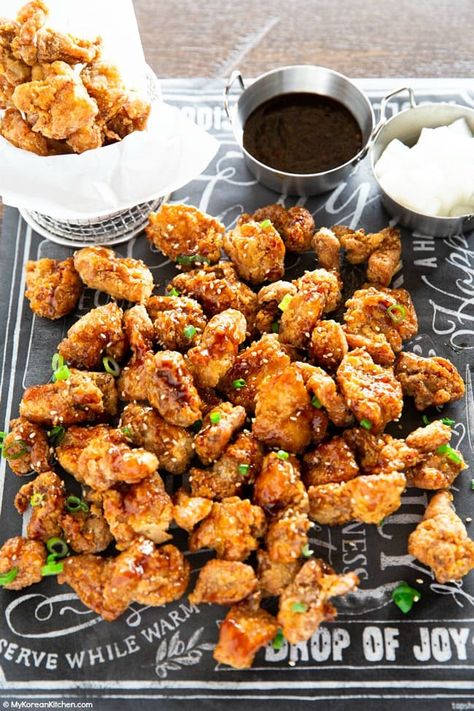 Soy Garlic Chicken (Dakgangjeong) Recipe Fried Garlic Chicken, Soy Garlic Sauce, Bird Recipes, Soy Garlic Chicken, Korean Fried Chicken Recipe, Garlic Fried Chicken, Fried Garlic, Korea Food, Korean Chicken