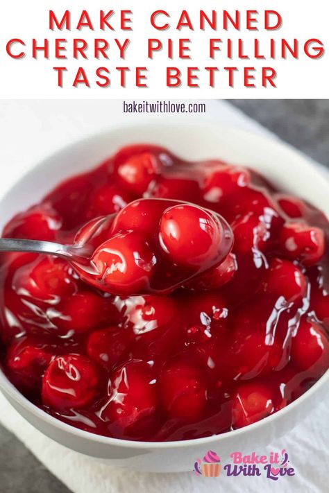 Make canned cherry pie filling taste better by following a few important tips and tricks for a great homemade flavor! I've compiled all of my favorite baking hacks right here for you! This is the ultimate guide to making your canned pie filling as tasty as possible! BakeItWithLove.com #bakeitwithlove #cherry #pie #filling #homemade #tips #tricks #guide Cherry Pie Filling Recipes Easy, Cherry Filling Recipes, Best Cherry Pie, Cherry Pie Recipe Easy, Canned Cherry Pie Filling, Canned Cherry Pie, Homemade Cherry Pie Filling, Fruit Snack Recipe, Pie Filling Desserts