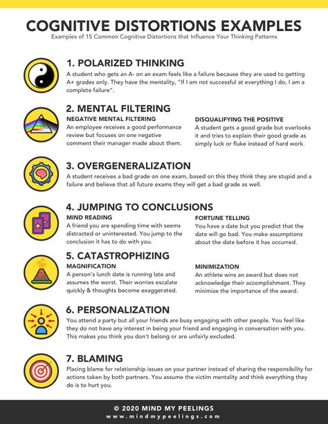 Cognitive distortions are irrational thought patterns that are exaggerated by negative thinking and feelings. Mental Health Awareness Infographic, Fallacy Examples, Cognitive Distortions Worksheet, Thinking Errors, Black And White Thinking, Pattern Worksheet, Motivational Interviewing, Cognitive Behavior, Cognitive Behavioral Therapy