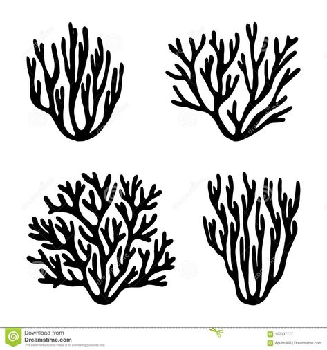 Illustration about Sea corals and seaweed black silhouette vector isolated. Illustration of isolated, corals, underwater - 102037777 Coral Drawing, Sea Corals, Sea Plants, Coral Art, Punch Needle Patterns, Sea Coral, Black Silhouette, Linocut, Damask