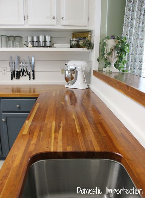 My Butcher Block Countertops, Two Years Later - Domestic Imperfection Kitchen Sink Window, Block Countertops, Cabinets Makeover, Butcher Blocks, Kitchen Counter Top, Wooden Counter, Diy Countertops, Cottage Ideas, Sink Design