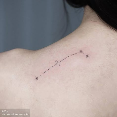 Fine line Aries constellation on the top of the shoulder. Aries Tattoo Constellation, Aries Star Constellation Tattoo, Aries Symbol Tattoos, Top Of Shoulder Tattoo, Star Constellation Tattoo, About Aries, Aries Tattoos, Aries Constellation Tattoo, Aries Constellation