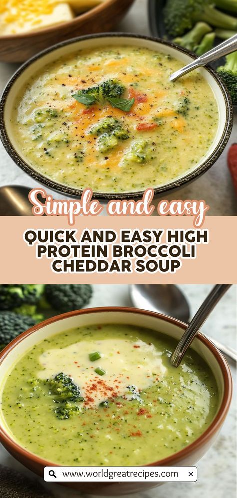 Looking for a nutritious soup that doesn't skimp on flavor? Try this Creamy High Protein Broccoli Cheddar Soup! This recipe combines tender broccoli, rich cheddar cheese, and aromatic garlic for a bowl of pure comfort. Ideal for vegetarians and health-conscious eaters, this protein-packed soup is a delicious way to nourish your body. Serve with crusty bread for a complete meal that the whole family will love. Whole 30 Broccoli Cheese Soup, Cheddar Broccoli Soup Healthy, Low Calorie Broccoli Cheddar Soup, Non Dairy Broccoli Soup, Yummy Healthy Soup Recipes, Healthier Broccoli Cheddar Soup, Broccoli Cheese Orzo Soup, High Protein Broccoli Soup, Healthy Cheddar Broccoli Soup