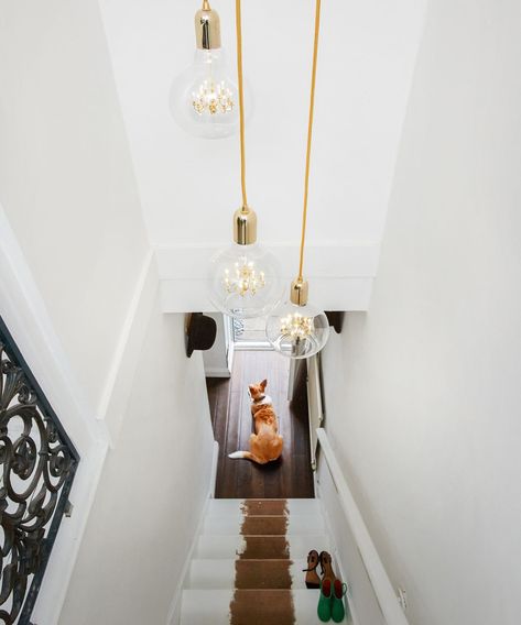 23 hallway lighting ideas – stylish ways brighten your hallway | Real Homes Big Hallway Ideas, Stair Gallery Wall, Big Hallway, Stair Case Ideas, Hallway Lighting Ideas, Designer Pendant Lights, Living Room Lighting Ideas, Stair Gallery, Room Lighting Ideas