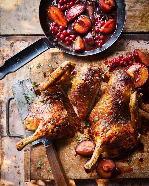 Spatchcock duck with plums and redcurrants Spatchcock Duck Recipe, Party Meals, Fowl Recipes, Roasted Duck Recipes, Chinese Meals, Roasted Duck Breast, Food Meme, Summer Pudding, Duck Recipe