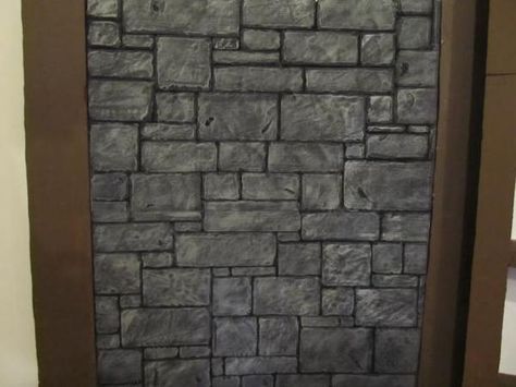 The completed foam wall Diy Stone Wall, Foam Board Crafts, Shrek Jr, Foam Carving, Faux Stone Walls, Faux Brick Walls, Diy Props, Foam Panels, Faux Brick