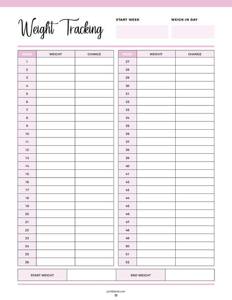 A printable weight loss tracker with weekly sections for tracking weight changes over 52 weeks, designed for monitoring weight loss progress. Macro Tracker Printable, Daily Weight Tracker Printable, Fitness Tracker Printable Free, Weight Tracker Template, Weight Log, Stay Focused On Your Goals, Keep Motivated, Fitness Tracker Printable, Fitness Planner Printable