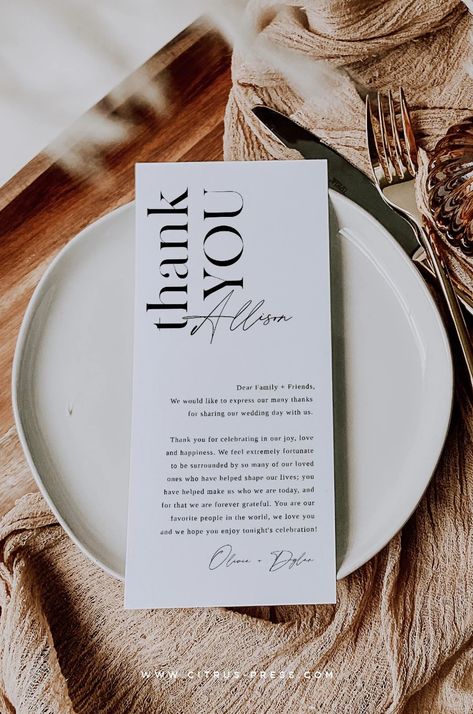 Personalized Guest Name Wedding Thank You Template Wedding - Etsy Table Number With Menu On Back, Menu For Table Wedding, Modern Wedding Menu Cards, Wedding Menu Card Size, Birthday Menu Card Design, Reception Menu Cards, Wedding Food Menu Sign, Birthday Menu Design, Wedding Dinner Menu Cards