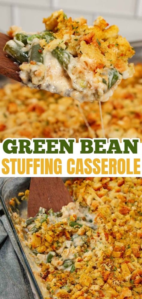 Green Bean Stuffing Casserole is a tasty side dish recipe made with frozen cut green beans, cream of mushroom soup, sour cream, French's crispy fried onions, shredded cheddar cheese, chicken broth and topped with stove top stuffing mix. Green Bean Casserole Mushrooms, Xmas Side Dishes, Southern Green Bean Casserole, Green Bean Casserole With Cheese, Green Bean Casserole Recipes, Veg Casserole, Ultimate Green Bean Casserole, Best Green Bean Casserole, Green Bean Casserole Recipe