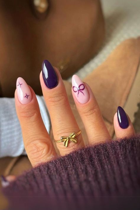 30 Purple Winter Nail Ideas You’ll Wish You Tried Sooner Winter French Tip Nails, Nail Ideas November, Nail Ideas Purple, Nail Ideas December, Hanukkah Nails, Present Nails, November Nail Ideas, Nails Fall Winter, December Nail Ideas