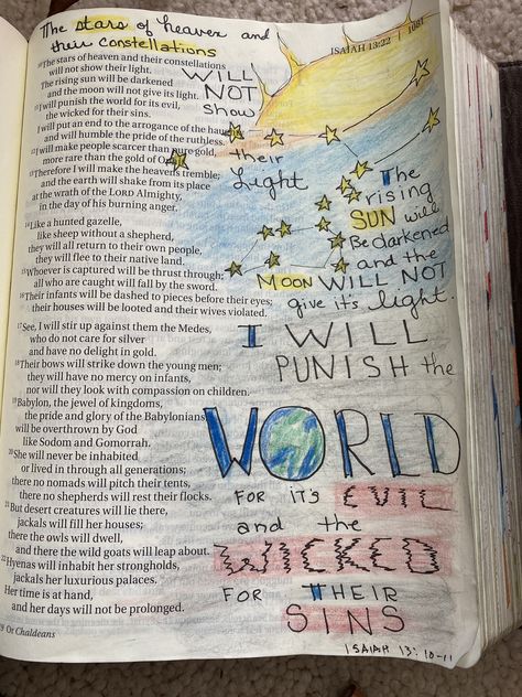 Bible journaling Isaiah 13:10-11 Isaiah Bible Study, Scripture Drawings, Isaiah 13, Isaiah Bible, Inspire Bible, Bible Journaling Ideas Drawings, Bible Ideas, Inspire Bible Journaling, Journaling Bible