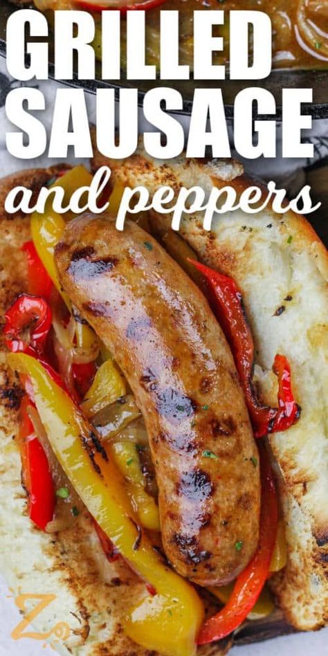 Fire up the grill for this delicious recipe for juicy Italian sausage and peppers! Colorful and flavorful grilled sausage and peppers are made by sautéing red, yellow, and green bell peppers and onions, then adding in a rich beefy broth and grilled sausages. Delicious over pasta with tomato sauce, or stuffed in sandwich wraps. Use either spicy or sweet Italian sausage or both! #italiansausageandpeppers #ourzestylife #italiansausagepeppersandonions #italiansausageandpeppersrecipe Grilled Sausage Recipes, Bake Sausage In Oven, Sausage Sandwich Recipes, Sausage And Peppers Sandwich, Sausage And Peppers Recipe, Grilled Italian Sausage, Italian Sausage And Peppers, Italian Sausage Sandwich, Recipes Asparagus