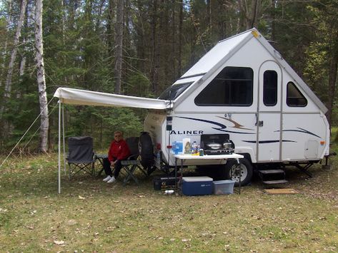 Aliner Campers, A Frame Trailer, A Frame Camper, Canopy Ideas, Camper Awnings, Camper Organization, Tent Trailer, Camping Camper, Camping Places