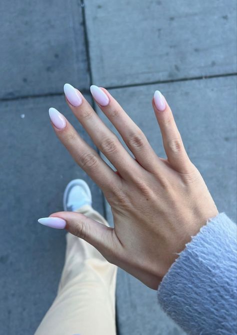 Clear Nails Inspiration, Clean Acrylic Nails Classy Almond, Almond Acrylic Nails Bubble Bath, Fresh Almond Nails, Bubble Bath With White Tip Nails, Clean Girl Aesthetic Nails Almond, Nails Acrylic Clean Girl, Fresh Clean Nails, Matte Bubble Bath Nails