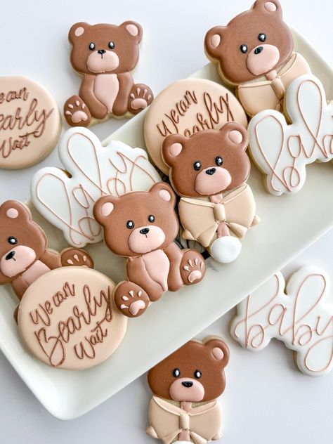 Bear Baby Shower Sugar Cookies, Baby Bear Gender Reveal Sugar Cookies, Gender Neutral Bear Baby Shower Cookies, We Can Bearly Wait - Etsy Neutral Teddy Bear Gender Reveal, Gender Reveal We Can Bearly Wait, Teddy Bear Baby Shower Sugar Cookies, Bear Gender Reveal Cookies, We Can Bearly Wait Baby Shower Cookies, Bear Baby Shower Desserts, Baby Girl Bear Shower Ideas, Bear Shower Cookies, We Can Bearly Wait Gender Reveal