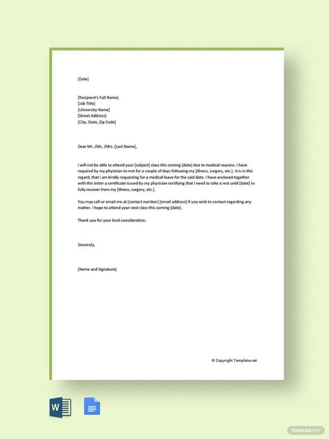 Medical Leave Letter for College Leave Letter Format For College, Medical Leave Letter, Medical Leave, Letter Format, Free Medical, Maternity Leave, Birthday Template, Letter Template, Job Title