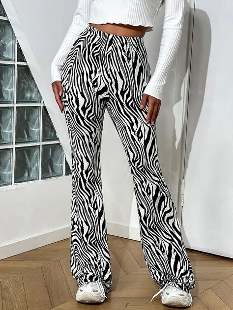 Zebra Striped High Waist Flare Leg Pants | SHEIN USA Zebra Pant, Printed Flare Pants, Fur Clothing, Flare Leg Pants, Women Pants, Trouser Style, Plus Size Kleidung, Bell Bottom, Printed Pants