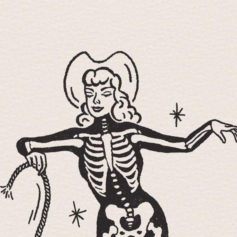 Cowgirl Comic Art, Spooky Cowboy Aesthetic, Yallternative Art, Western Witch Aesthetic, Dark Cowgirl, Spooky Cowgirl, Cowgirl Drawing, Skeleton Cowgirl, Cowgirl Skeleton