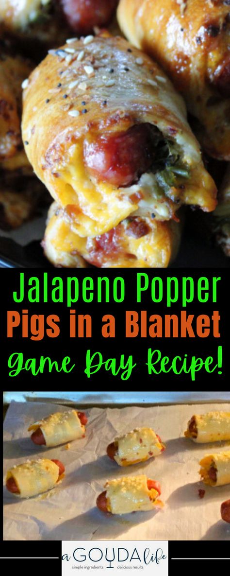 Be ready for the best game day appetizer with these spicy Jalapeno Popper Pigs in a Blanket. Lit'l Smokies, melty cheese, jalapeno and bacon all wrapped in crescent dough, sprinkled with Everything Bagel seasoning and baked until golden. The ultimate party appetizer #jalapenopopper #pigsinablanket #jalapenopopperpigsinablanket #partyappetizer #gamedayrecipe #gamedayfood #spicyappetizer #superbowl #superbowlrecipe #superbowlappetizer #agoudalife Jalapeño Popper Pigs In A Blanket, Jalapeno Bacon Wrapped, Popper Pigs In A Blanket, Best Jalapeno Poppers, Tailgating Food, Smoked Cocktails, Spicy Appetizers, Everything Bagel Seasoning, Poppers Recipe