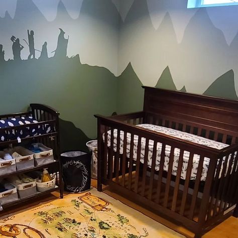 Danielle on Instagram: "The rug was the final touch to the nursery 🤌 I absolutely love it !   #theshire #lotr #nursery" Lord Of The Rings Baby Room, Lord Of The Rings Nursery Theme, Lord Of The Rings Nursery, Lotr Nursery, Narnia Nursery, Baby Boy Room Nursery, The Shire, Baby Rooms, Ideas Casa