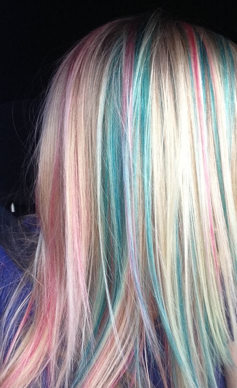 colored hair Blonde With Different Color Highlights, Pink And Blue Hair Streaks, Colored Highlights For Blondes, Blonde With Color Highlights, Blonde Hair With Colored Highlights, Pink Blonde Hair, Hair Inspiration Long, Multi Colored Hair, Dyed Hair Inspiration