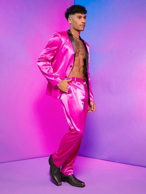 Hot Pink Party Collar Long Sleeve  Colorblock  Embellished Non-Stretch  Men Clothing Hot Pink Party, Pink Tuxedo, Pink Portrait, Circus Outfits, Black Turtle Neck, Look Festival, Barbie Core, Satin Blazer, Men Spring