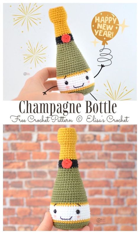 Crochet Champagne Bottle Amigurumi Free Pattern Beer Crochet Pattern, Crochet Wine Bottle Holder Free Pattern, Beer Bottle Cozy, Bottle Cozies, Micro Crochet, Cozy Crochet Patterns, Festive Crafts, Valentines Crochet, Diy Magazine