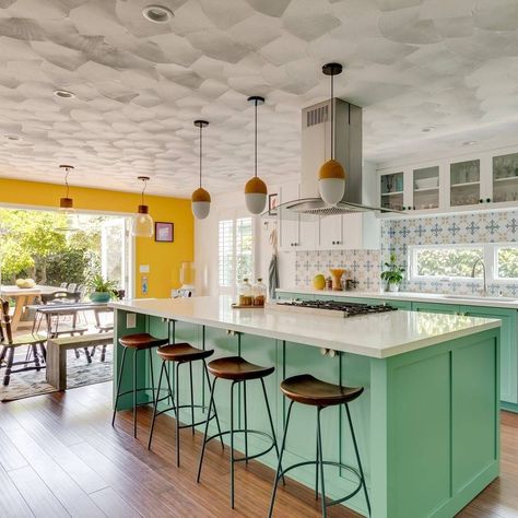 Green Industrial Kitchen, Seafoam Kitchen, Mint Green Furniture, Best Design Books, Mint Green Kitchen, Green Appliances, Green Backsplash, Black Floor Tiles, Green Bar