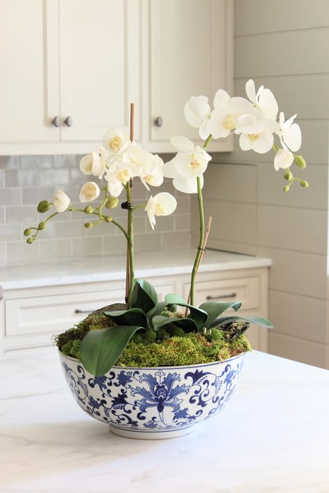 Orchids In Blue And White Bowl, Orchid Flower Centerpieces, Faux Orchid Arrangements, Orchids Decor, Orchid Decor, Orchid Bowl, Coffee Table Arrangements, Orchid Flower Arrangements, Orchid Centerpieces