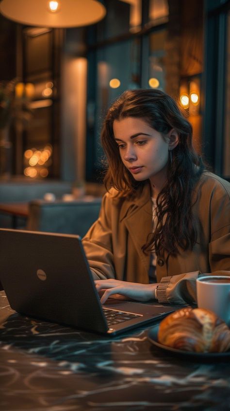 Focused #EveningWork: A young #woman works intently on her #laptop in a cozy #evening #cafe setting, sipping #coffee. #WorkLife #AIArt #AIPhoto #StockCake ⬇️ Download and 📝 Prompt 👉 https://stockcake.com/i/focused-evening-work_759249_1038400 Work In Cafe Aesthetic, Coffee Shop Graduation Pictures, Cafe Setting, Computer Photography, Woman Cooking, Cafe Photography, Work Vision Board, Echo Chamber, Holding Coffee