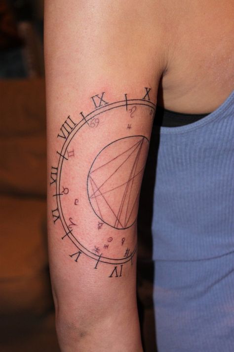 Astro birth chart tattoo idea Birth Chart Tattoo, Compass Tattoo Meaning, Wanderlust Tattoo, Astrology Tattoo, Incredible Tattoos, Spiritual Tattoos, Star Chart, Tattoo Videos, Realism Tattoo