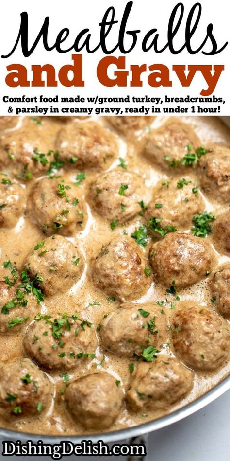 Meatballs and Gravy Meatballs And Mashed Potatoes Gravy, Creamy Turkey Meatballs, Meatball And Gravy Recipes, Turkey Meatballs And Gravy, Meatball Gravy Recipe, Meatballs And Gravy Recipe, Gluten Free Breadcrumbs, Dutch Oven Chicken Breast, Vegetarian Side Dish Recipes