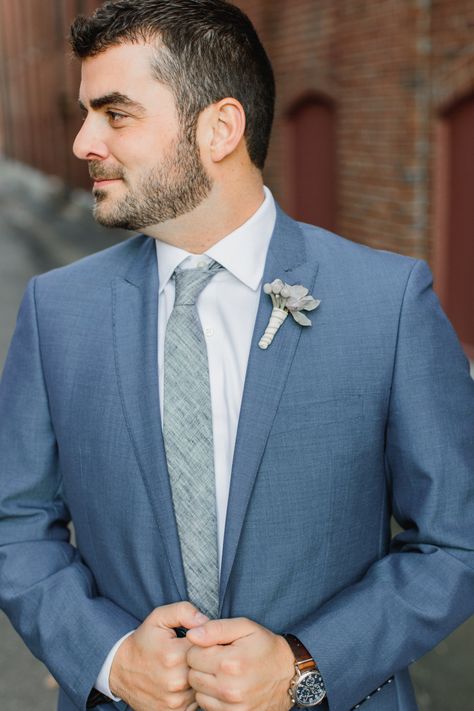 Slate Blue Suit, Fall New England, Blue Tuxedo Wedding, Groom Blue Suit, Dapper Grooms, Industrial Chic Wedding, Bride Ideas, Blue Suit Wedding, Blue Tuxedos