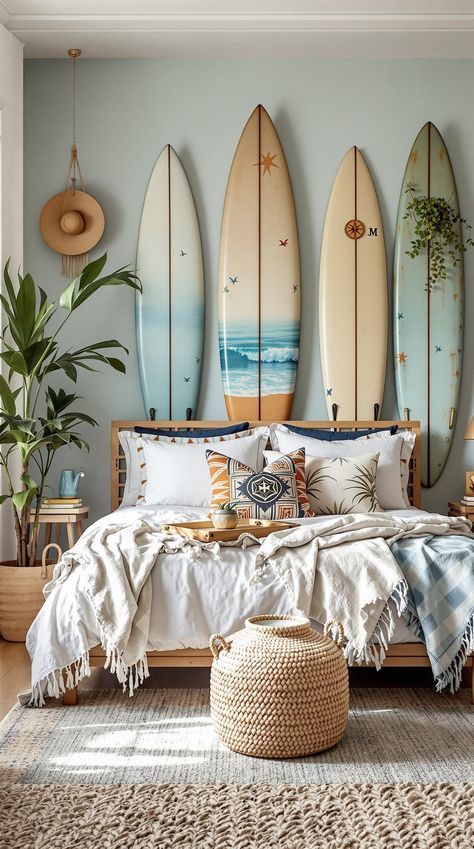 boho coastal bedroom Beachy Attic Bedroom, Surfboard Over Bed, Surfing Decor Ideas, Vintage Surf Bedroom, Surfer Home Style, Surfboard Home Decor, Surfer Aesthetic Bedroom, Tropical Coastal Interior, Coastal Mid Century Modern Bedroom