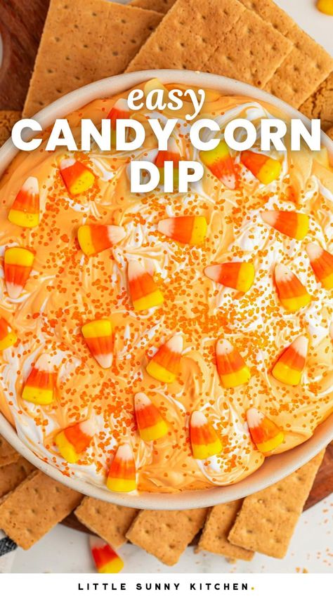 This quick and easy candy corn dip is perfect for Halloween! Creamy, sweet, and ready in just 10 minutes. Serve with cookies or fruit for a fun party treat! Halloween Sweet Dips For Parties, Candy Corn On The Cob, Halloween Cookie Dip, Recipes Using Candy Corn, Desert Dips, Dipping Cookies, Candy Corn Desserts, Corn Dip Recipe, Candy Corn Recipe